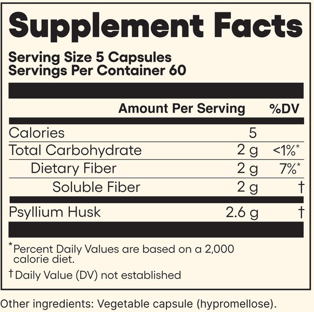 Supplement Facts panel for Psyllium Husk Fiber: serving size 5 capsules, 60 servings, 2 g dietary fiber, 2.6 g psyllium husk